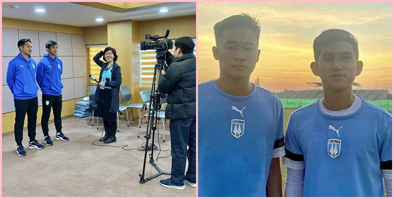 Cảnh Anh và Minh Hiếu chụp hình sau trận đấu tỏa sáng ra mắt Cheonan City FC